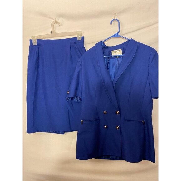 Kasper Womens 2 Piece Skirt Suit Blue Size 12 Double Breasted Career Office - Picture 1 of 3